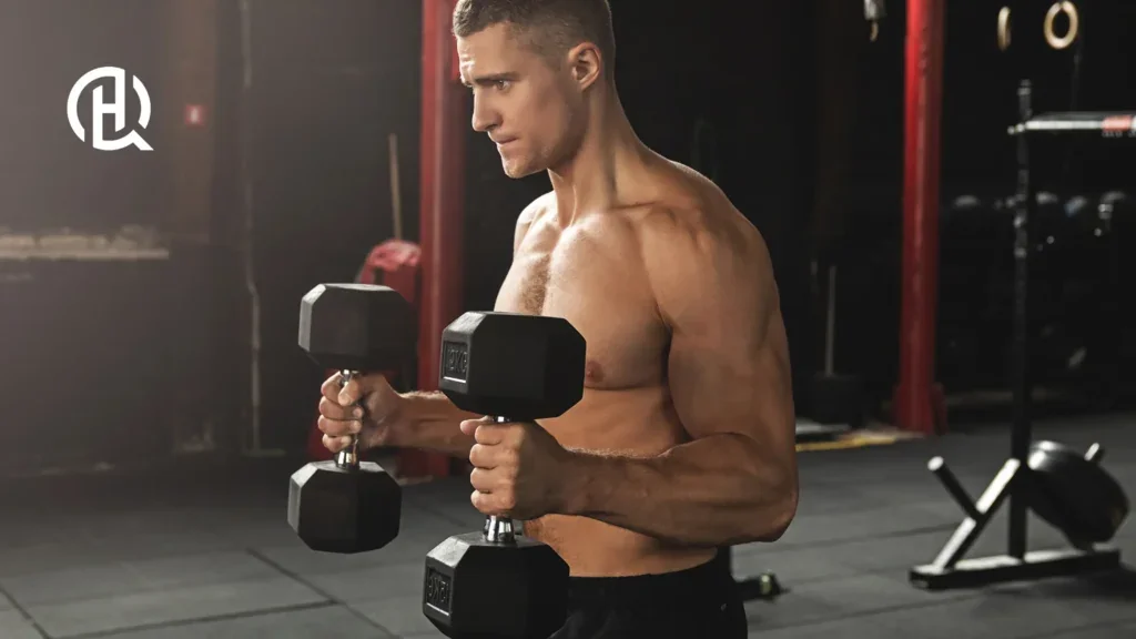 Shirtless man doing bicep exercises in a gym