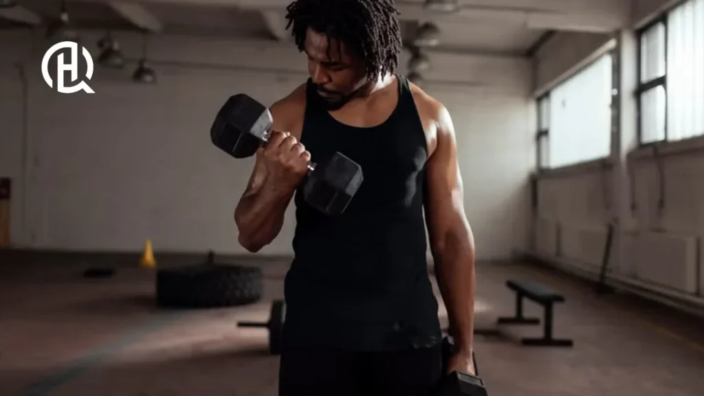 A person training arms with dumbbells