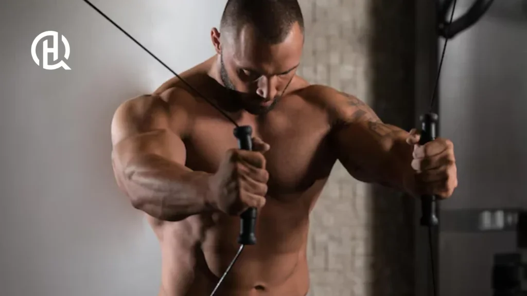 Topless man doing cable crossover in front of the camera