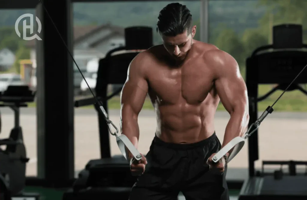 A guy working out using the cable crossover machine