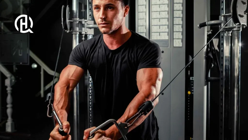 A person posing for the camera while training his chest