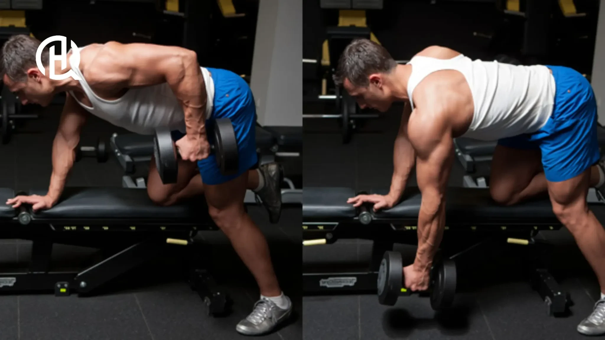 Man performing single-arm dumbbell row with proper hip hinge