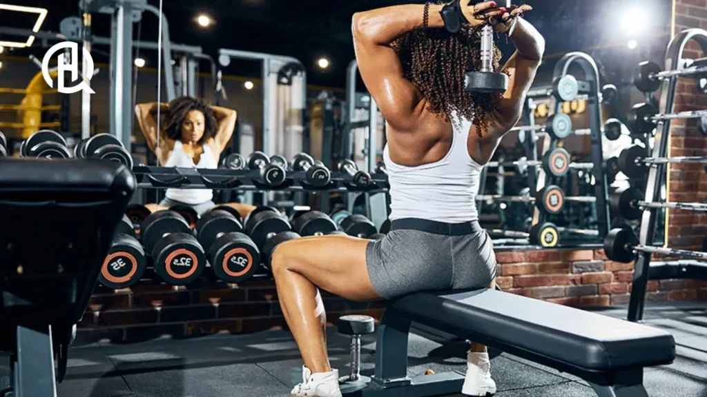 Woman with curly hair doing Dumbbell Overhead Triceps Extension in a gym