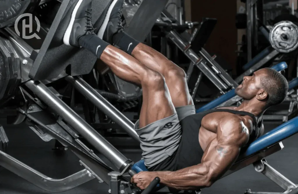 Image of a man using the leg press machine as part of his leg day workout