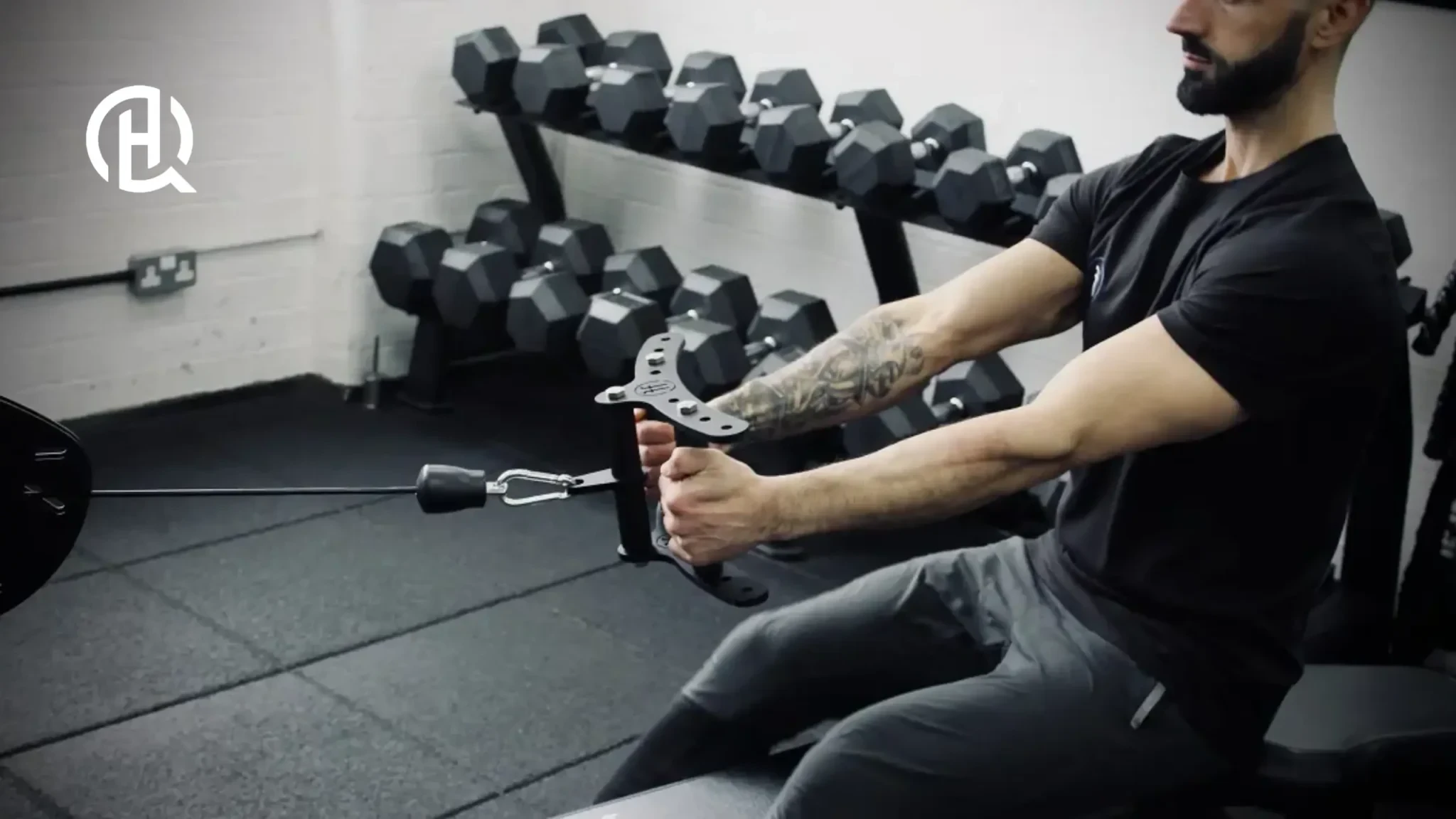 A person doing seated cable row