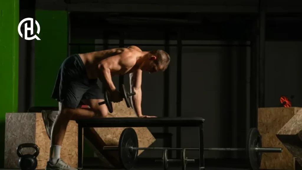 Topless man doing Tricep Kickback