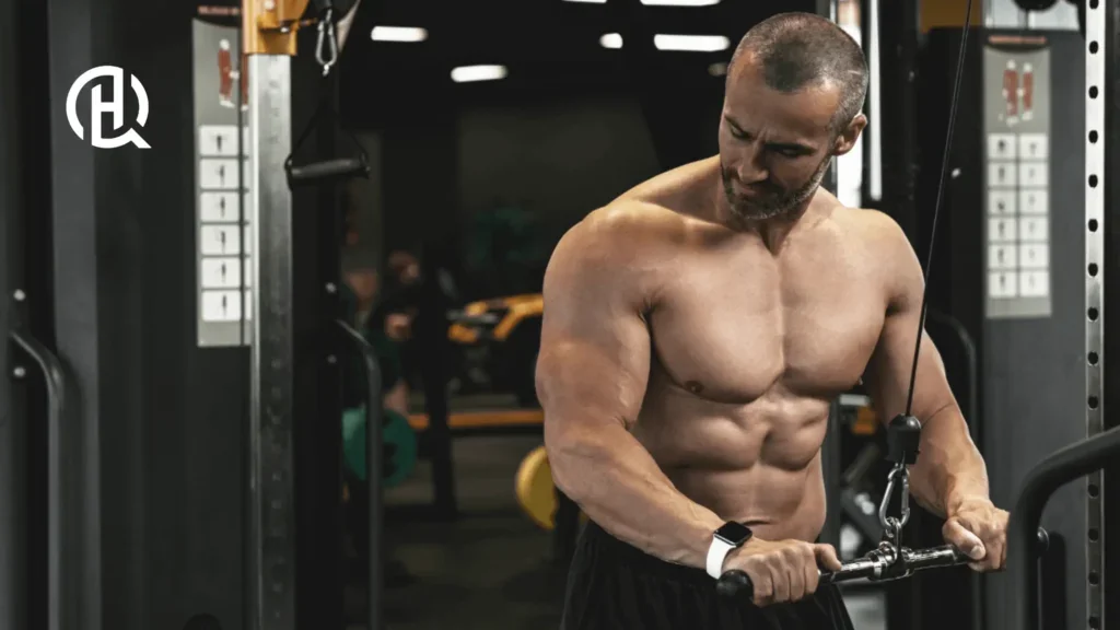 Shirtless man doing triceps pressdown